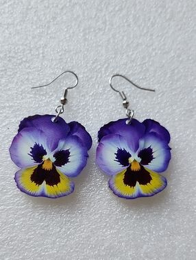 Hand Crafted Purple and Yellow Pansy Drop Earrings